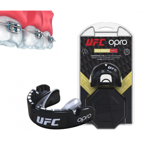 Капа OPRO Gold Braces UFC Hologram Black Metal / Silver
